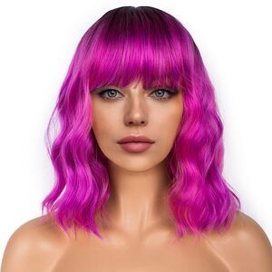Women Black-Purple Mixed RoseLoose Wavy Wig Curly Wavy Shoulder Length Bob